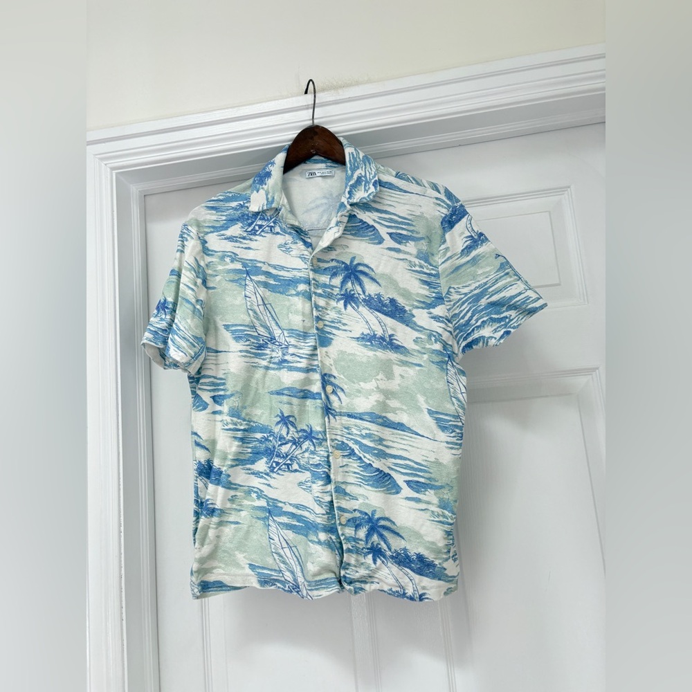 Zara Blue and White Tropical Print Shirt